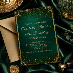 Emerald Green & Gold Glitter 60th Birthday Invitation