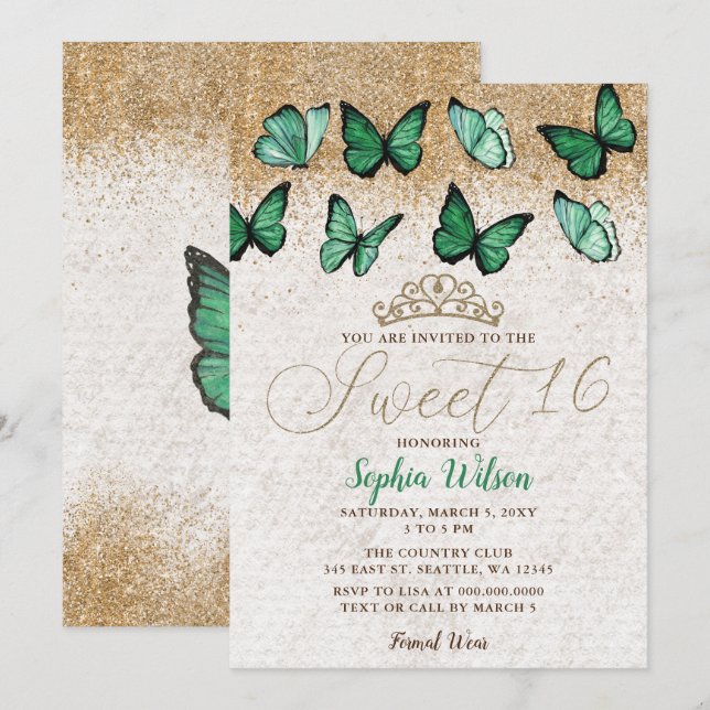 Emerald Green Gold Glitter Butterfly Sweet 16 Invitation (Front/Back)