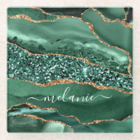 Emerald Green Gold Glitter Coaster Custom Name