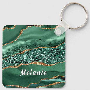 Emerald Green Gold Glitter Custom Name Keychains