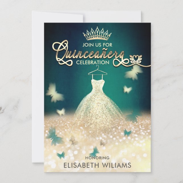 Emerald Green gold glitter dress butterfly Invitation (Front)