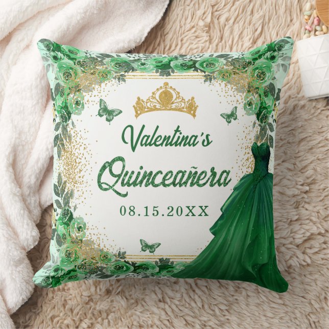 Emerald Green Gold Glitter Floral Quinceanera Cushion (Blanket)