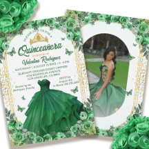 Emerald Green Gold Glitter Floral Quinceanera