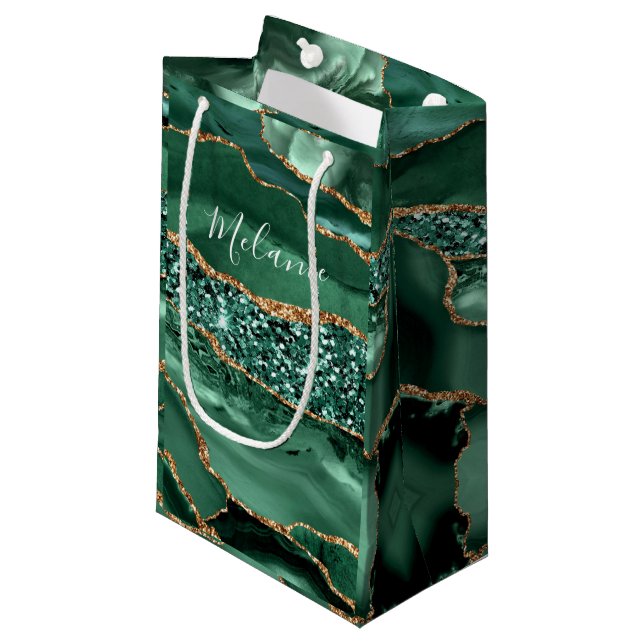 Emerald Green Gold Glitter Gift Bag Custom Name (Front Angled)