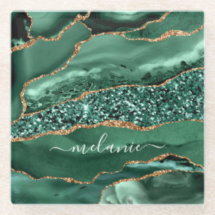 Emerald Green Gold Glitter Glass Coaster Your Name