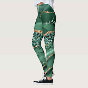 Emerald Green Gold Glitter Leggings Custom Name