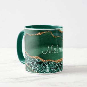 Emerald Green Gold Glitter Marble Custom Name Mug