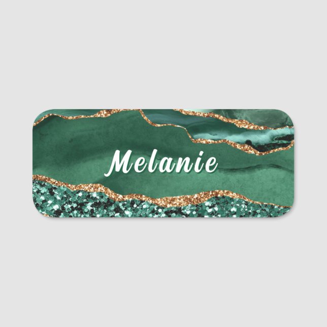Emerald Green Gold Glitter Marble Custom Name Tag (Front)