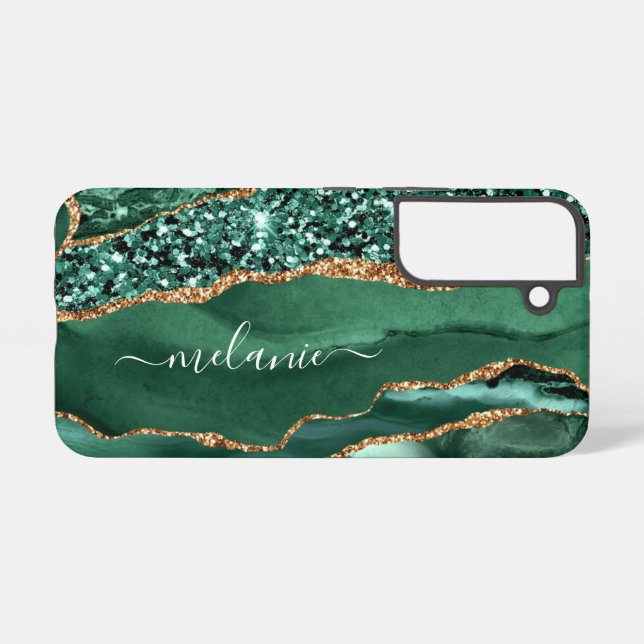 Emerald Green Gold Glitter Marble Custom Your Name Samsung Galaxy S22 Case (Back Horizontal)