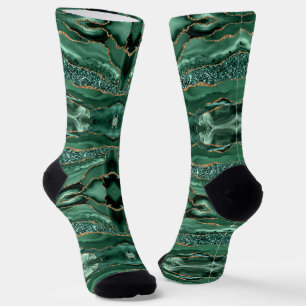 Emerald Green Gold Glitter Marble Modern Socks