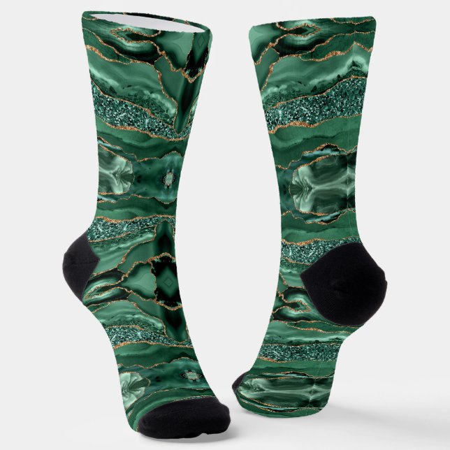 Emerald Green Gold Glitter Marble Modern Socks (Angled)