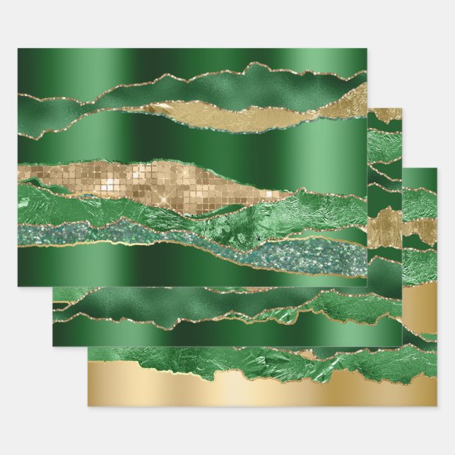 Emerald green gold glitter metallic foil chic wrapping paper sheet (Set)