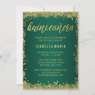 Emerald Green Gold Glitter Quinceanera 15th Invitation