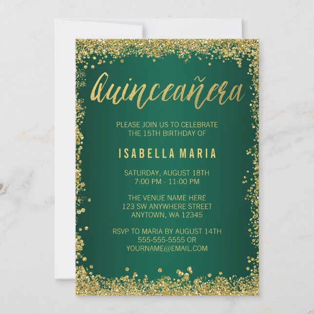 Emerald Green Gold Glitter Quinceanera 15th Invitation (Front)