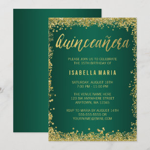 Emerald Green Gold Glitter Quinceanera 15th Invitation