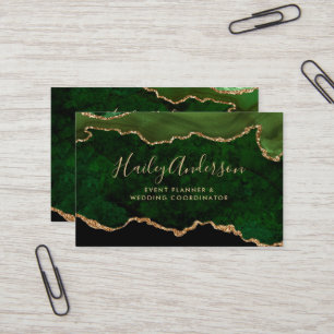 Emerald Green Gold Glitter Watercolor Gilded Agate Business Card