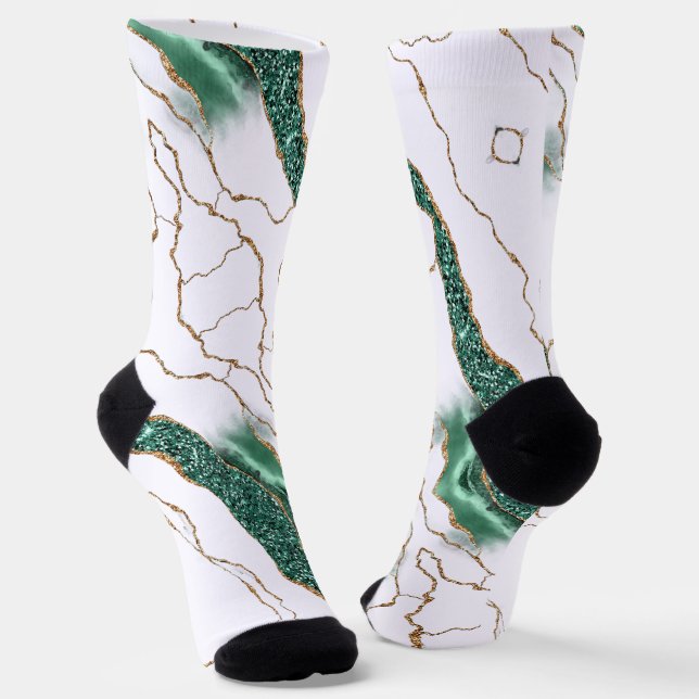 Emerald Green Gold Glitter White Socks (Angled)