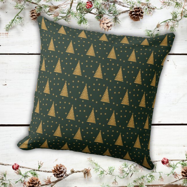 Emerald Green Gold Glitter Xmas Trees and Stars Cushion (Creator Uploaded)
