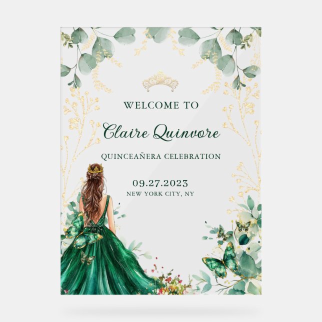 Emerald Green Gold Gown Princess Quinceanera Acrylic Sign (Front)