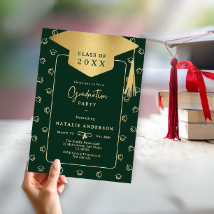 Emerald Green Gold Graduate Hat Graduation Party Invitation