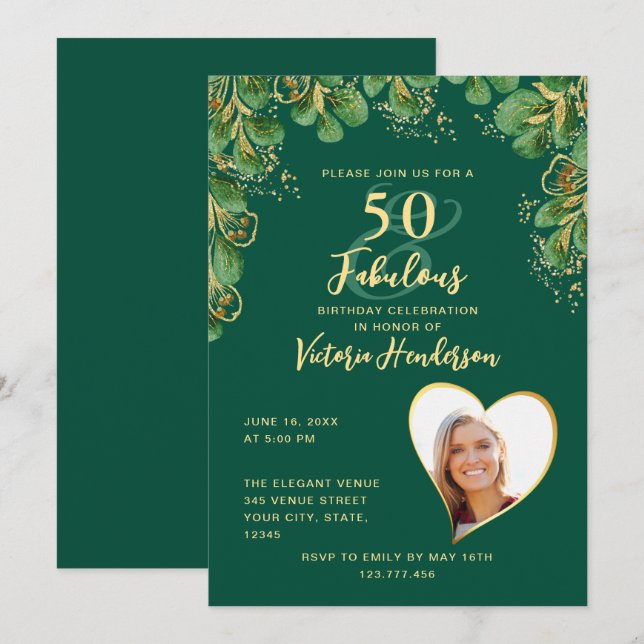 Emerald Green & Gold Greenery 50 & Fab Birthday Invitation (Front/Back)