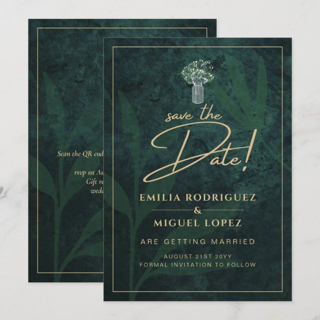 Emerald Green Gold Gypsophila Wedding SAVE DATE Invitation (Front/Back)
