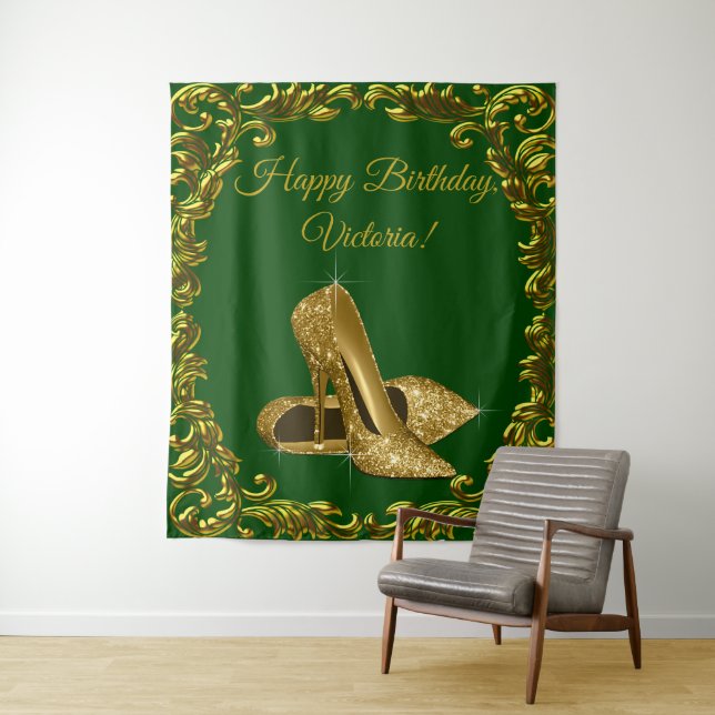 Emerald Green Gold High Heel Birthday L Backdrop Tapestry (In Situ)