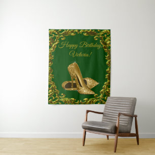 Emerald Green Gold High Heel Birthday M Backdrop Tapestry
