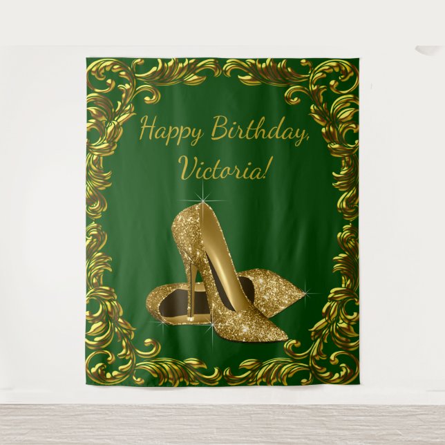 Emerald Green Gold High Heel Birthday XL Backdrop Tapestry (Front)