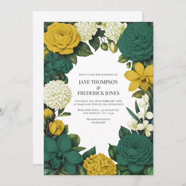 Emerald Green, Gold & Ivory Floral Wedding Invitation (Front/Back)