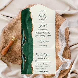 Emerald Green Gold Ivory Meal Options Wedding All In One Invitation