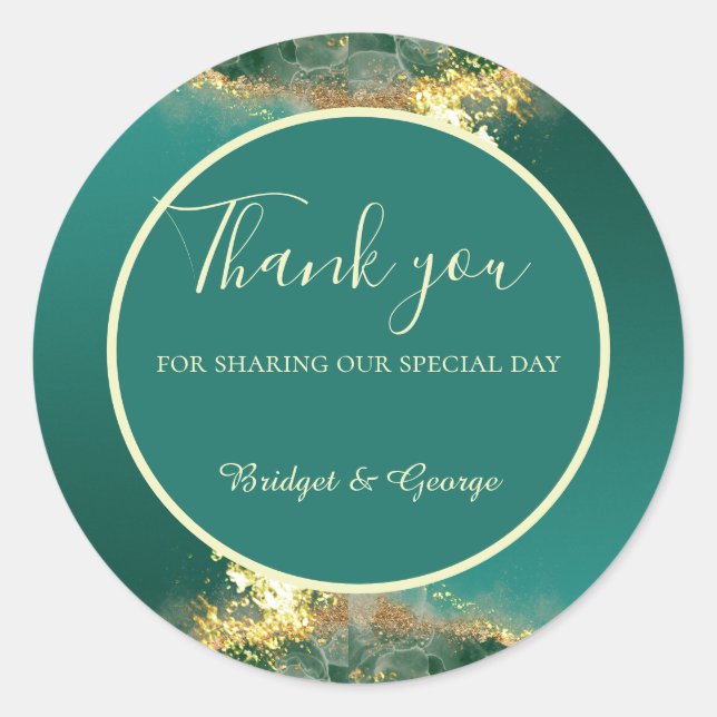 Emerald green gold jewel tones wedding classic round sticker (Front)