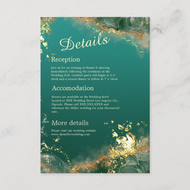 Emerald green gold jewel tones wedding enclosure card (Front)
