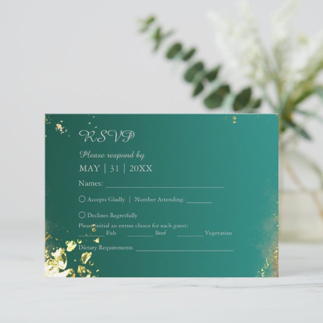 Emerald green gold jewel tones wedding RSVP card (Standing Front)