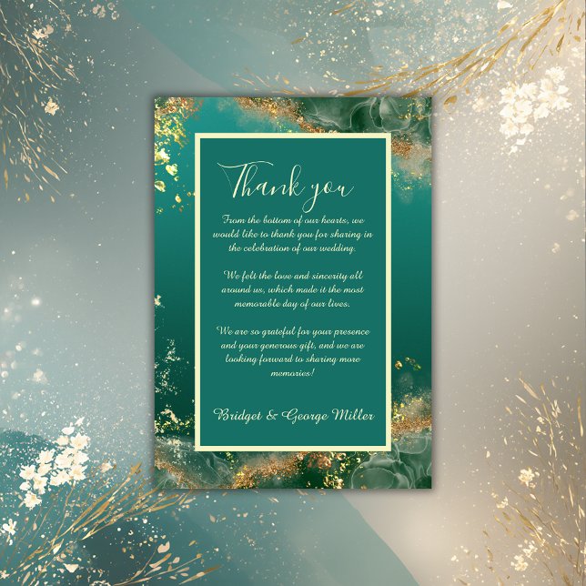 Emerald green gold jewel tones wedding thank you card (Creator Uploaded)
