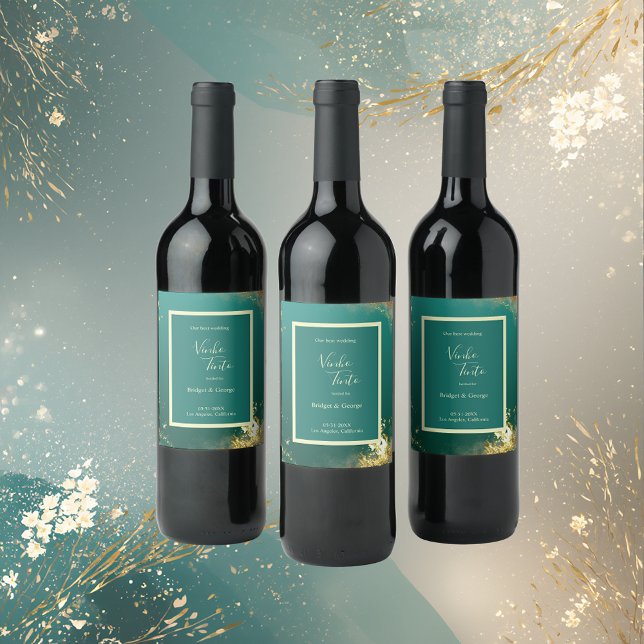 Emerald green gold jewel tones wedding wine label (Creator Uploaded)