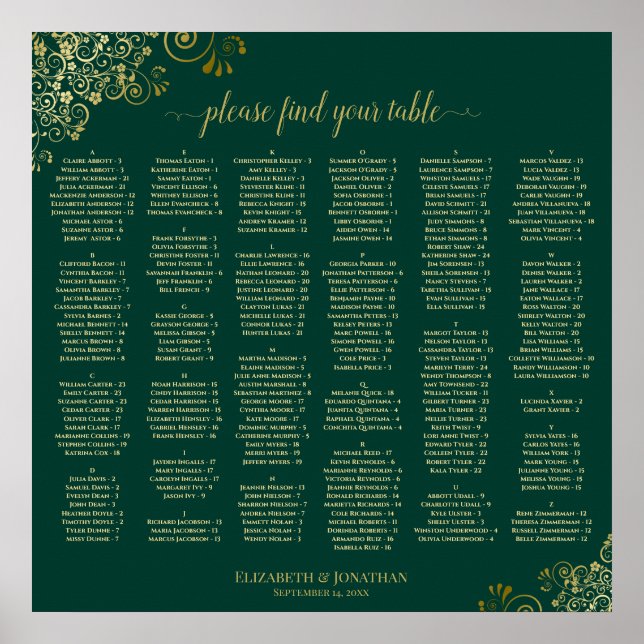 Emerald Green Gold Lace Alphabetical Seating Chart (Front)