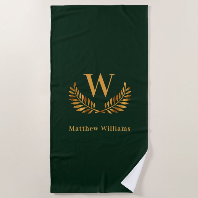 Emerald green gold laurel wreath name monogram beach towel (Front)