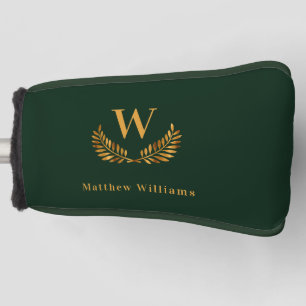 Emerald green gold laurel wreath name monogram golf head cover