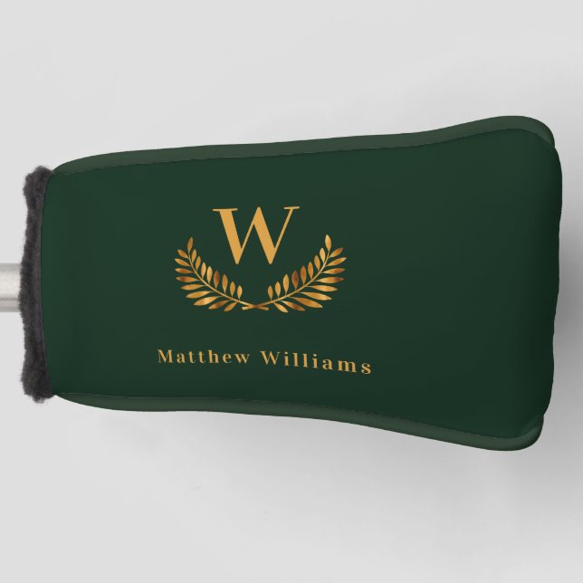 Emerald green gold laurel wreath name monogram golf head cover (Front)