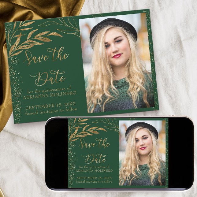 Emerald Green Gold Leaf and Calligraphy Photo Save The Date (Elegant Quinceanera Save the Date with Photo, in emerald green from my Gold Leaf )