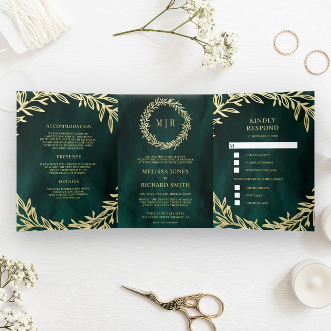 Emerald Green Gold Leaf Branch All in One Wedding Tri-Fold Invitation (Creator Uploaded)