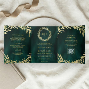 Emerald Green Gold Leaf Branch QR Code Wedding Tri-Fold Invitation