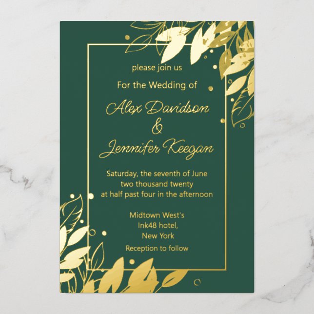 emerald green gold leaves botanical chic wedding (Front)
