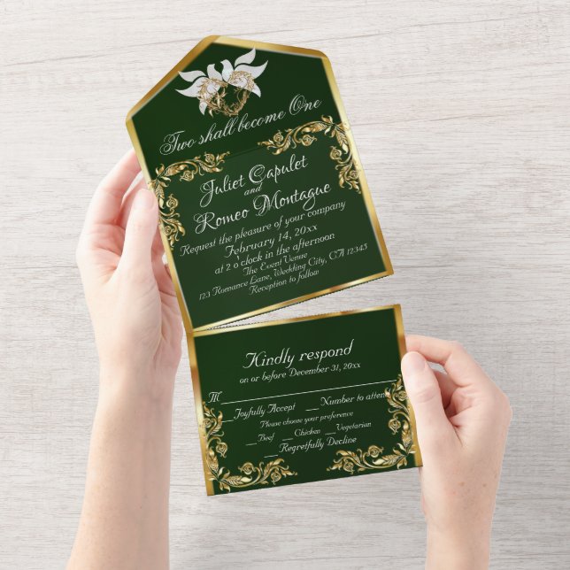 Emerald Green, Gold Leaves, Doves & Heart All In One Invitation (Tearaway)