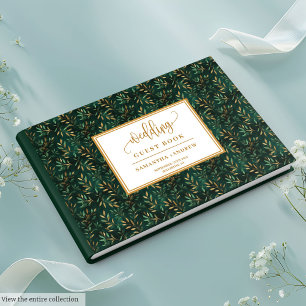 Emerald green gold leaves wedding guest book