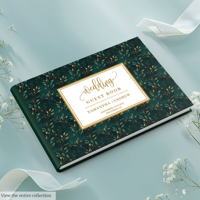 Emerald green gold leaves wedding guest book  (Emerald green gold leaves wedding guest book for love

)