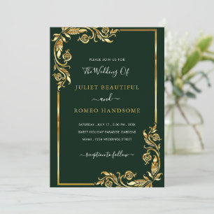 Emerald Green Gold Leaves Wedding Invitation