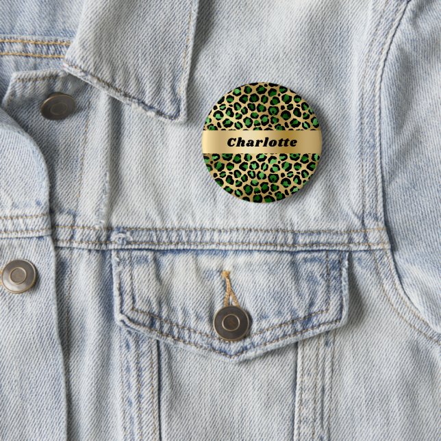 Emerald green gold leopard cheetah pattern name 6 cm round badge (In Situ)
