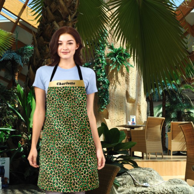 Emerald green gold leopard cheetah pattern name apron (Creator Uploaded)